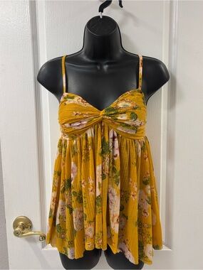 Free People Mirage Boho High-Low Tunic Twist-Front Raw Edge Floral Yellow Cami S